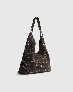 Brown Suede Studded Slouch Bag