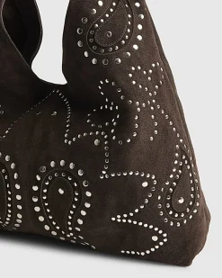 Brown Suede Studded Slouch Bag