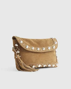 Brown Suede Studded Tassel Cross Body Bag