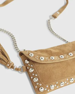 Brown Suede Studded Tassel Cross Body Bag