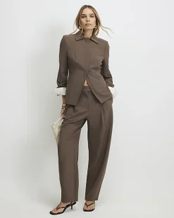 Brown Tailored Barrel Leg Trousers