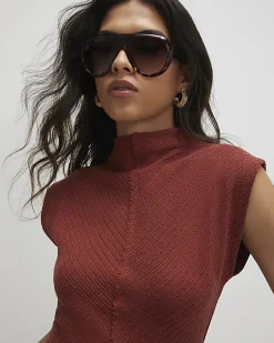 Brown Textured Grown On Neck Top