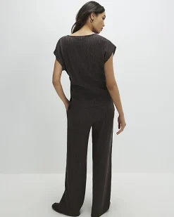 Brown Textured Wide Leg Trousers