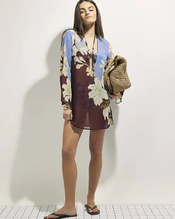 Brown Tropical Border Print Beach Tunic