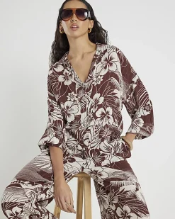 Brown Tropical Print Beach Shirt