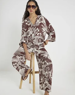 Brown Tropical Print Beach Trousers