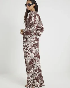 Brown Tropical Print Beach Trousers