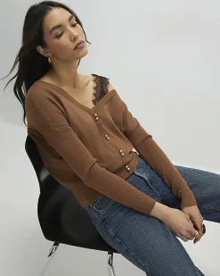 Brown V Neck Button Jumper