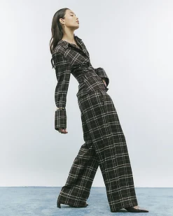 Brown Wide Leg Check Trousers