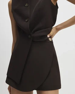 Brown Wrap Button Detail Skort