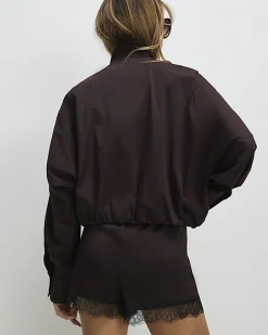 Brown Zip Front Cropped Shacket