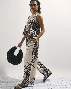 Cream Animal Print Linen Blend Trousers