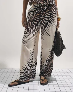 Cream Animal Print Linen Blend Trousers