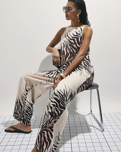 Cream Animal Print Linen Blend Trousers