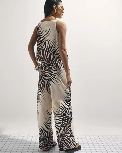 Cream Animal Print Linen Blend Trousers
