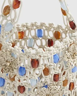 Cream Beaded 3D Flower Rope Bag