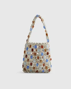 Cream Beaded 3D Flower Rope Bag