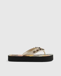 Cream Beaded Toe Thong Sandals