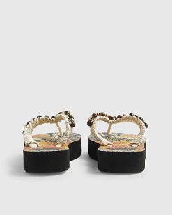 Cream Beaded Toe Thong Sandals