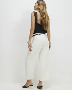 Cream Belted Cropped Wide Leg Trousers