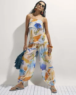 Cream Blur Print Tiered Cami Top
