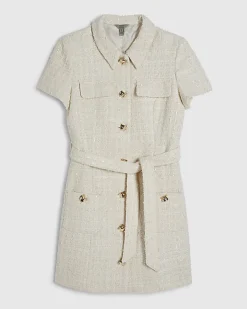 Cream Boucle Belted Mini Dress