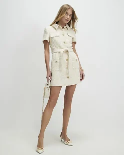 Cream Boucle Belted Mini Dress