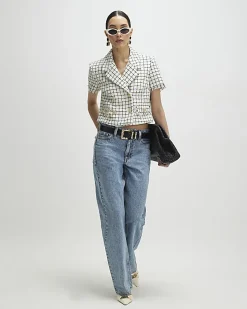 Cream Boucle Checked Short Sleeve Jacket