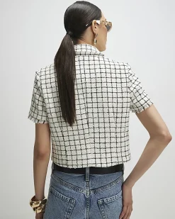 Cream Boucle Checked Short Sleeve Jacket