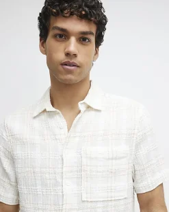 Cream Boxy Fit Textured Check Shirt