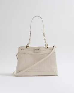 Cream Chain Handle Embossed Tote Bag