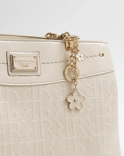 Cream Chain Handle Embossed Tote Bag