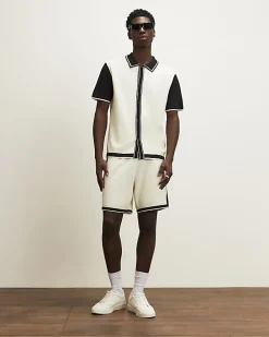 Cream Colour Block Knitted Shorts