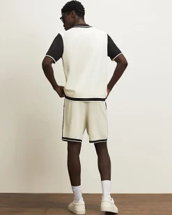 Cream Colour Block Knitted Shorts
