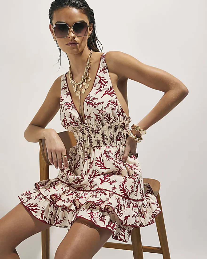 Cream Coral Print Mini Dress