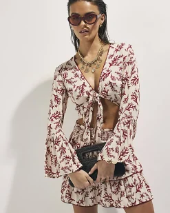 Cream Coral Print Tie Top And Skirt Set