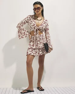 Cream Coral Print Tie Top And Skirt Set
