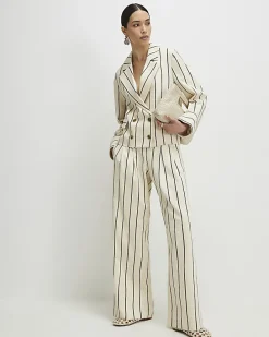 Cream Cotton Long Sleeve Striped Blazer