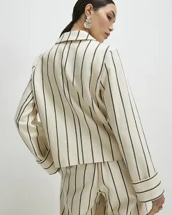 Cream Cotton Long Sleeve Striped Blazer