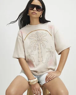 Cream Cotton Neon Palm Cutwork T-Shirt