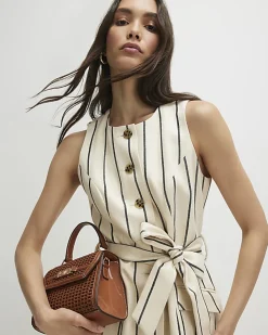 Cream Cotton Striped Tie Waist Mini Dress