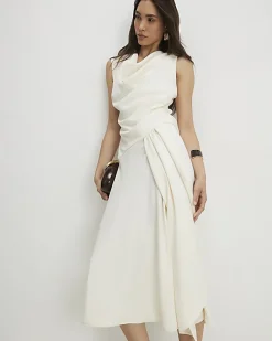 Cream Cowl Neck Asymmetric Midi dress