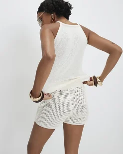 Cream Diamond Halter Neck Knit Top