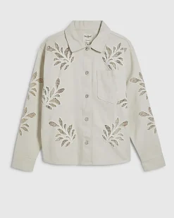 Cream Embroidered Boxy Denim Shirt