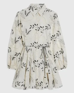 Cream Embroidered Mini Shirt Dress