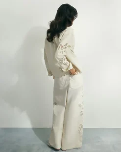 Cream Embroidered Wide Leg Jeans