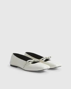 Cream Eyelet Bow Square Toe Ballet Pumps