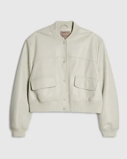 Cream Faux Leather Cropped Bomber Jacket