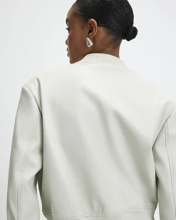 Cream Faux Leather Cropped Bomber Jacket