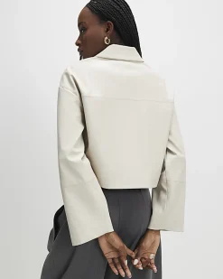 Cream Faux Leather Cropped Overshirt
